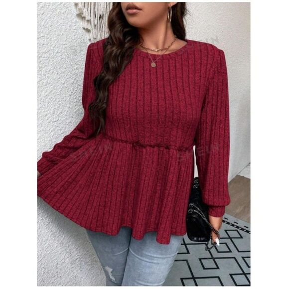 SHEIN Frenchy Plus Rib-knit Peplum Tee, Burgandy, Size 3XL, EUC - Picture 3 of 5